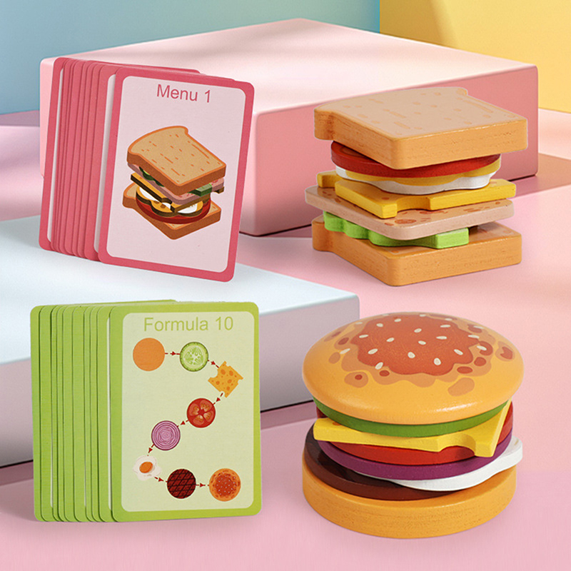 Kids Toys Kitchen - Ahşap Hamburg Sandviç İstifleme Oyuncakları, Yeni